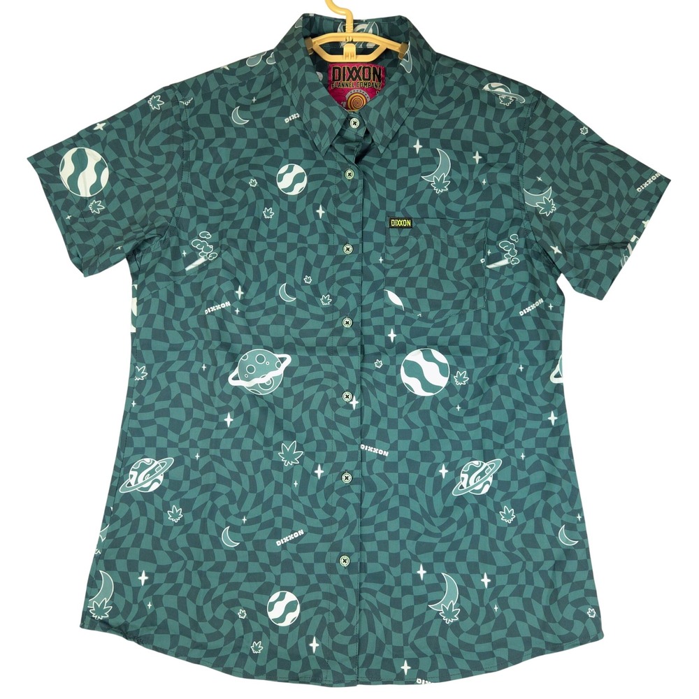 Dixxon Flannel Co The Cosmonaut Teal Checkerboard Planet Button Down Shirt L